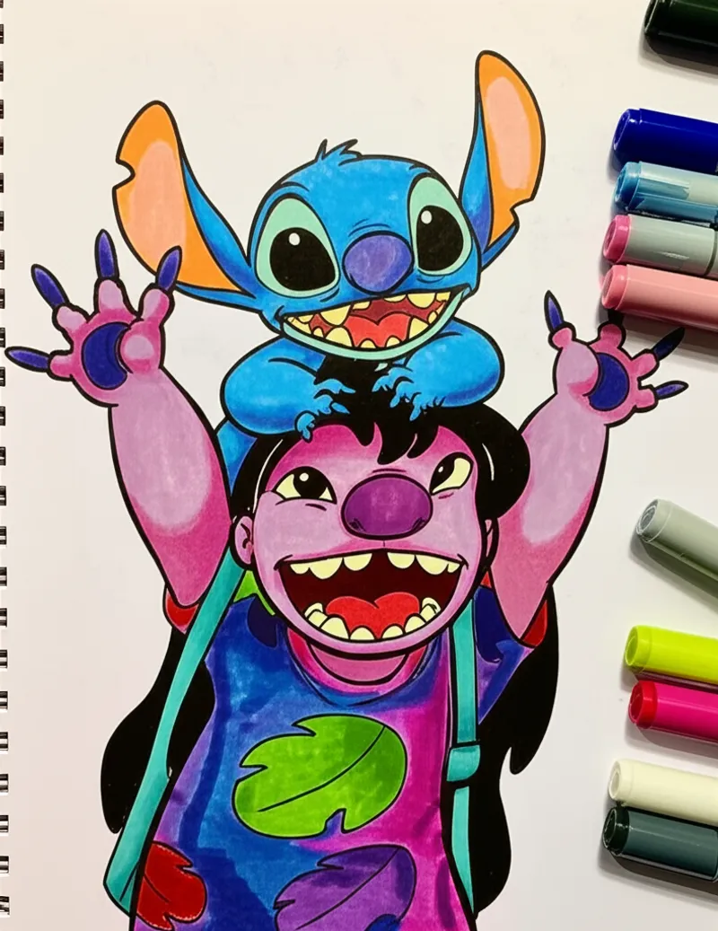 Lilo and Stitch Playful Antics Coloring Page colored reference
