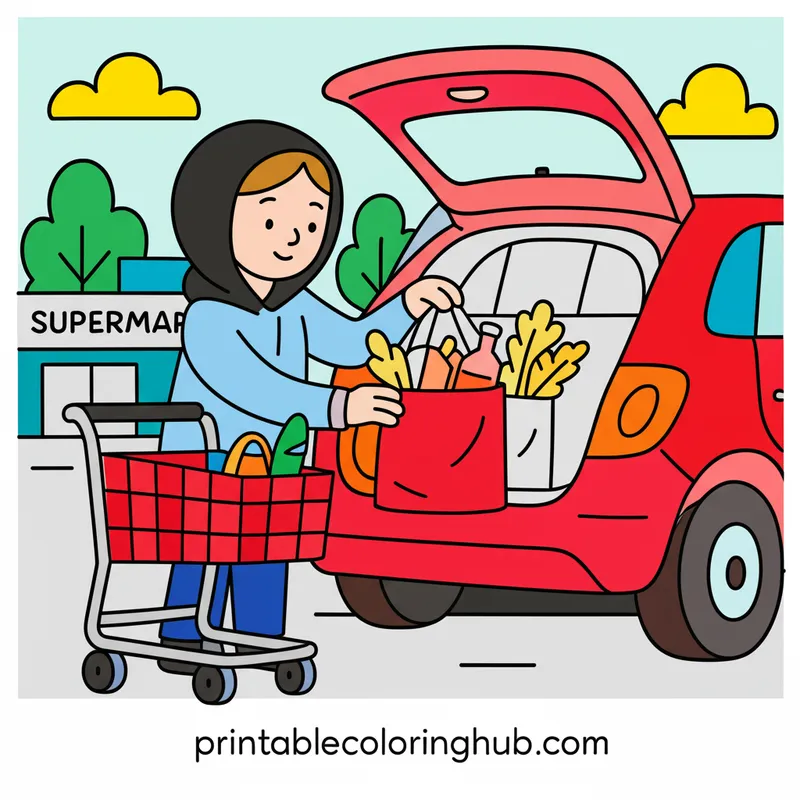Loading Up the Groceries Coloring Page colored reference