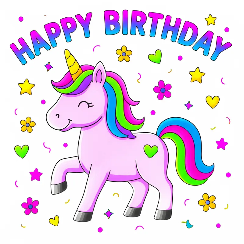 Magical Unicorn Happy Birthday Coloring Page colored reference