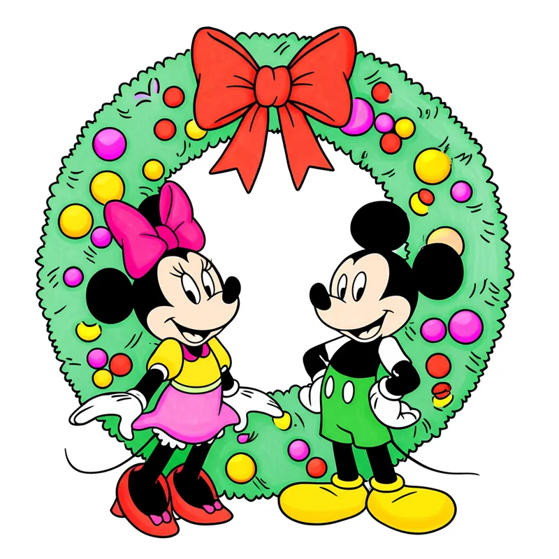 Mickey and Minnie Christmas Wreath Coloring Page colored reference