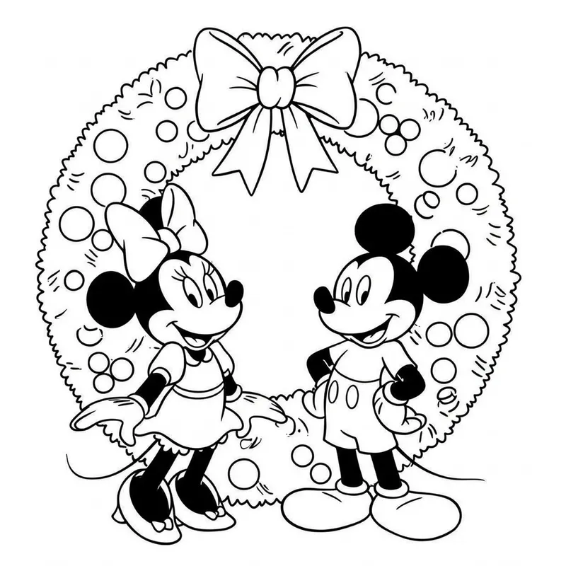 Mickey and Minnie Christmas Wreath Coloring Page coloring page