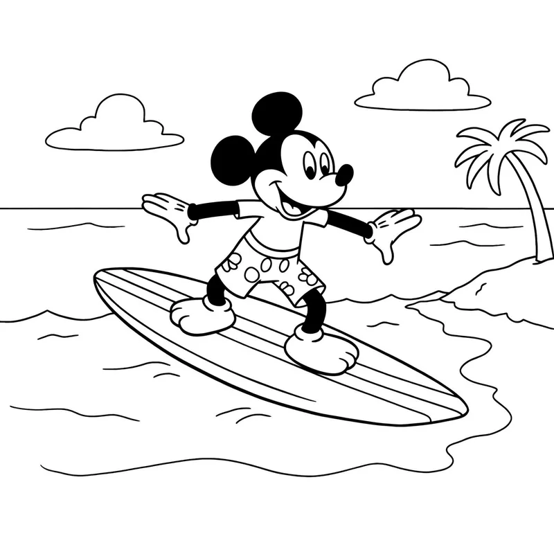 Mickey Mouse Surfing Fun Coloring Page coloring page