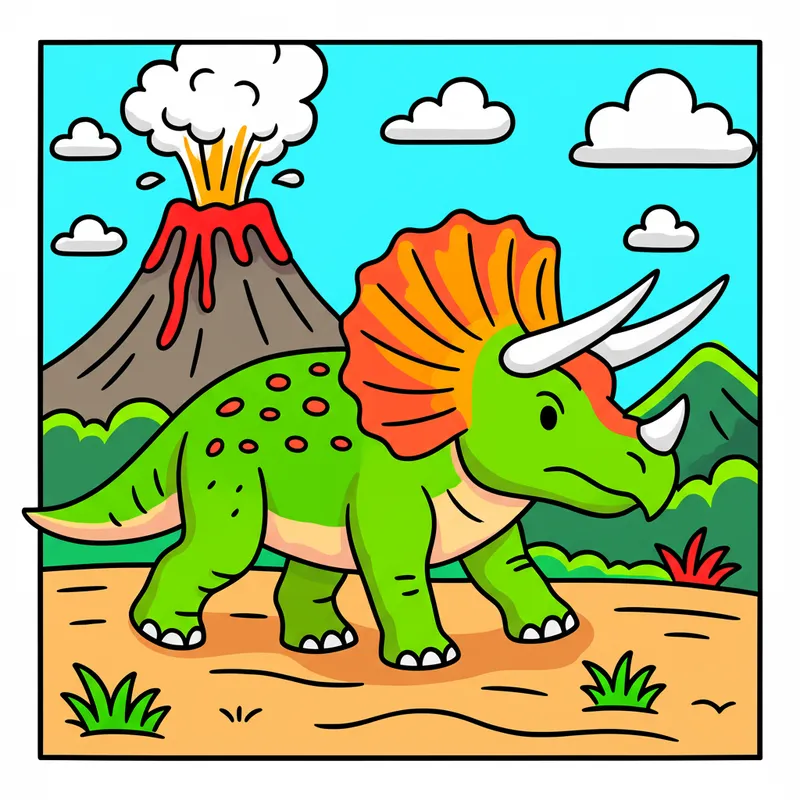 Mighty Triceratops & Volcano Coloring Page colored reference