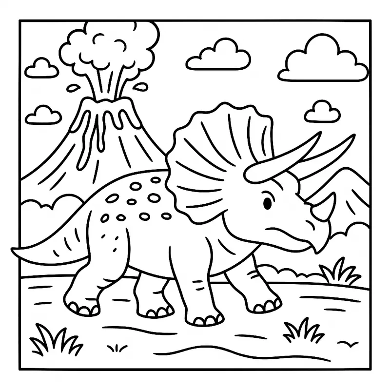 Mighty Triceratops & Volcano Coloring Page coloring page