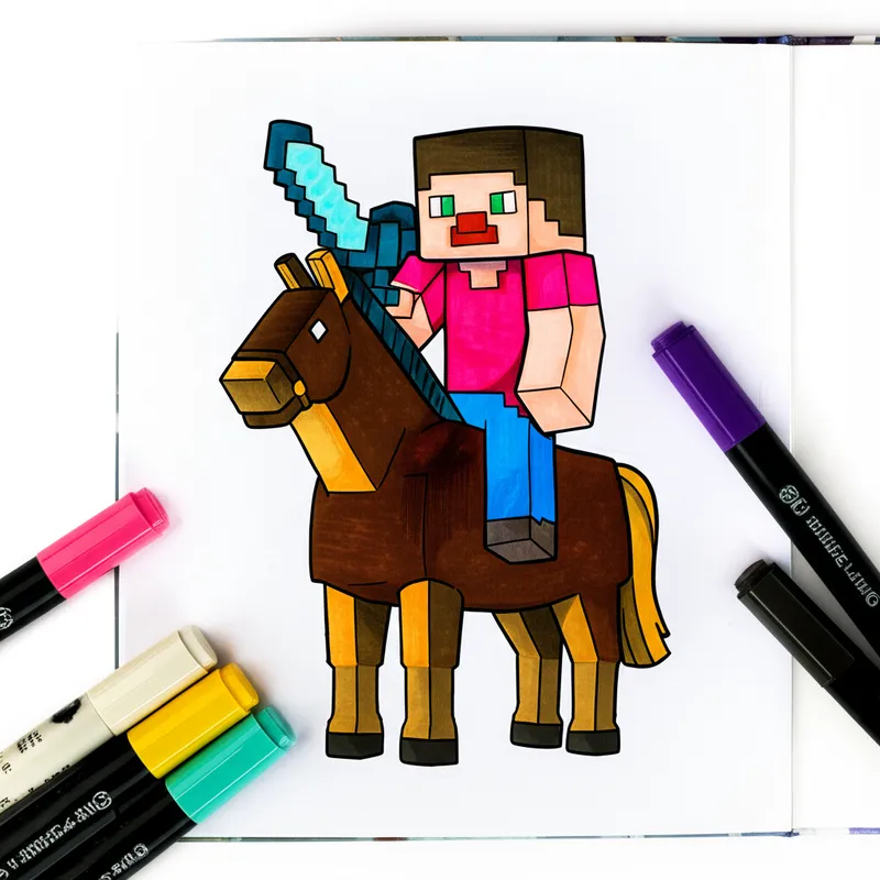 Minecraft Steve and Horse Adventure Coloring Page colored reference