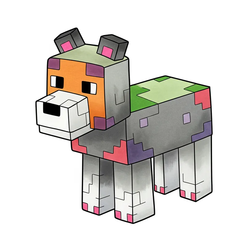 Blocky Minecraft Wolf Coloring Page colored reference