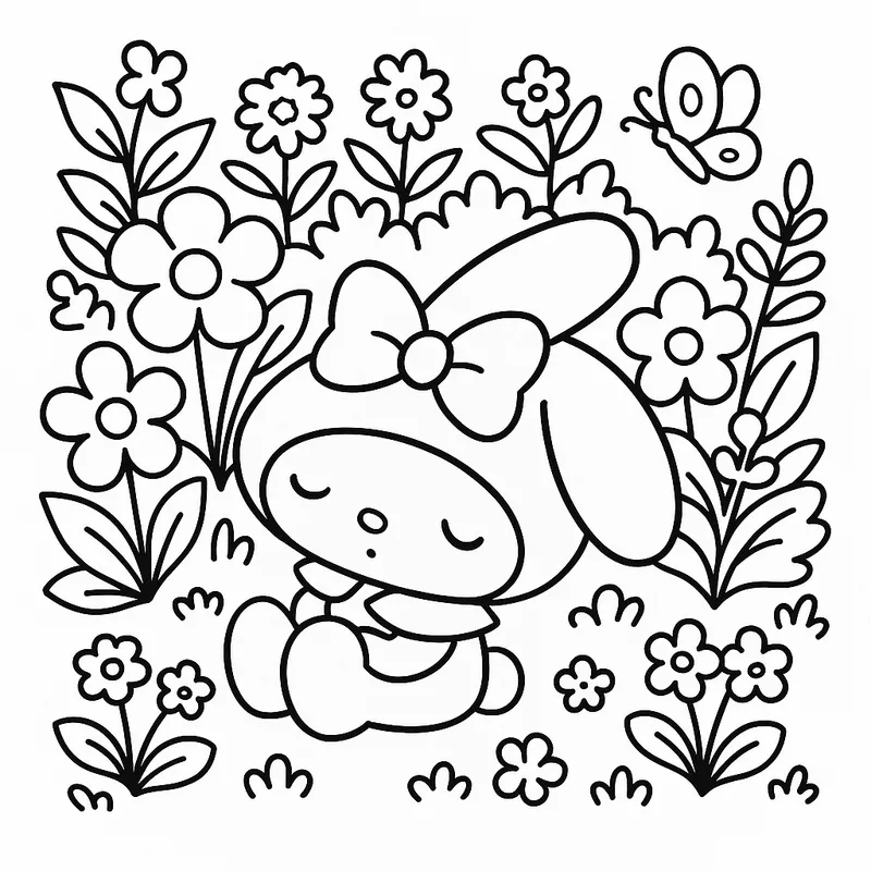 My Melody in a Flower Garden Coloring Page coloring page