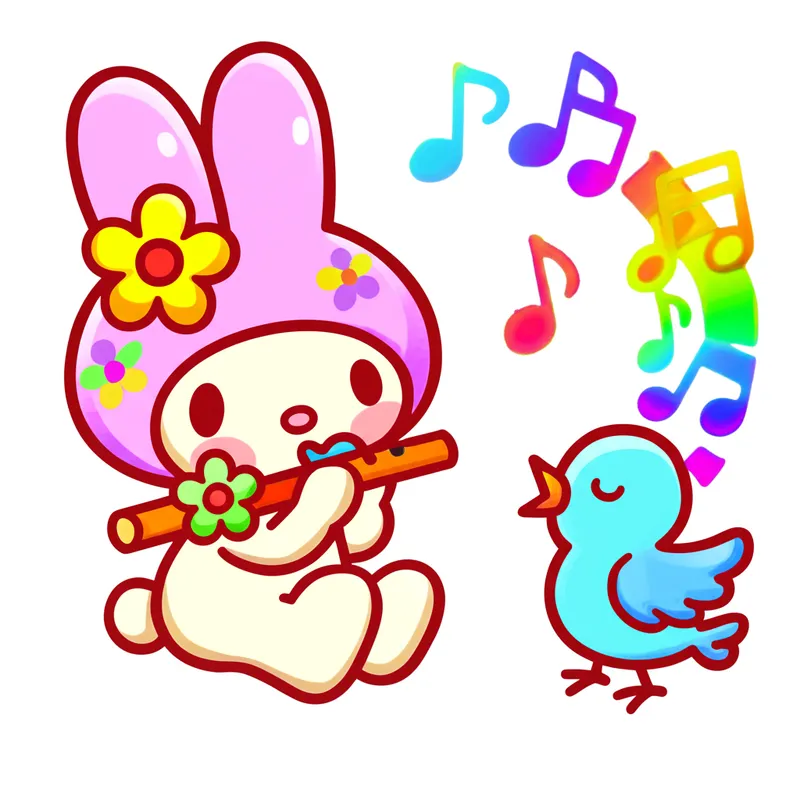 My Melody Flute and Bird Coloring Page colored reference
