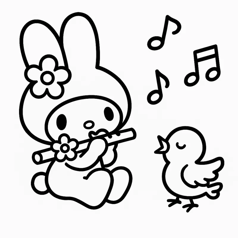 My Melody Flute and Bird Coloring Page coloring page