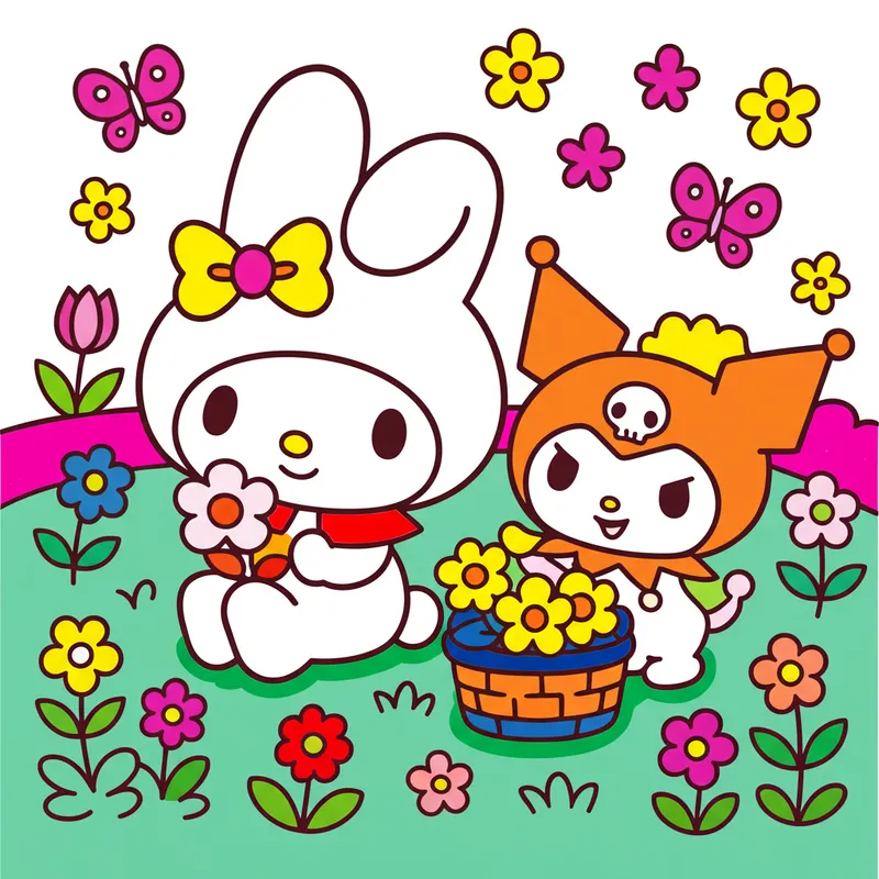 My Melody and Kuromi Spring Garden Coloring Page colored reference