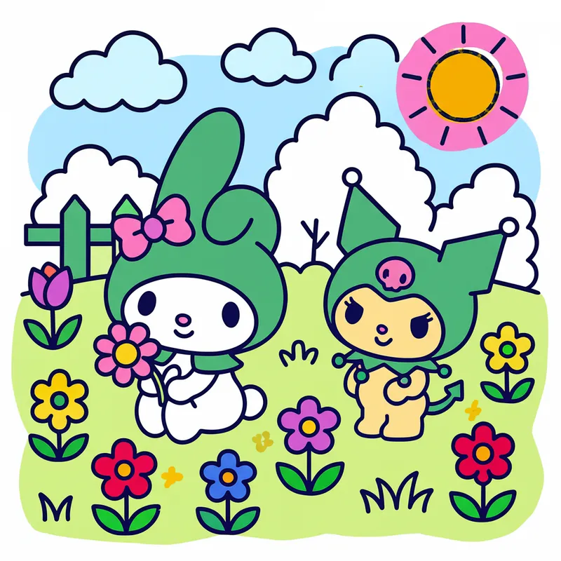 My Melody and Kuromi Sunny Garden Coloring Page colored reference