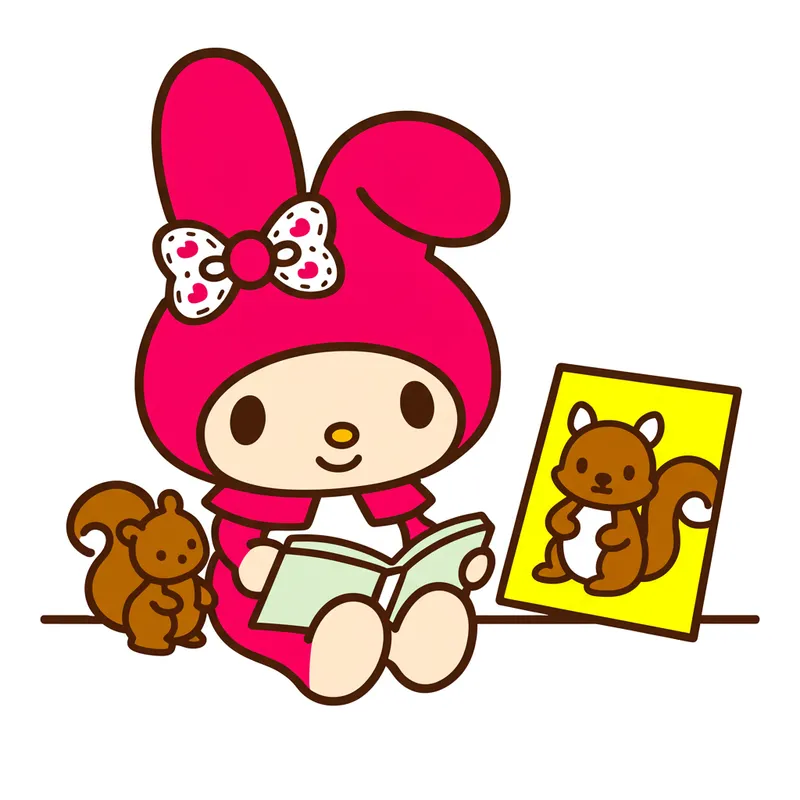 My Melody Reading with Squirrel Friend Coloring Page colored reference