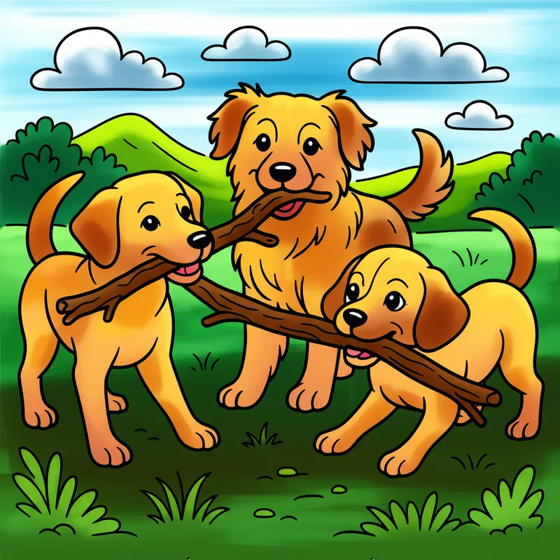 Playful Pups Stick Adventure Coloring Page colored reference