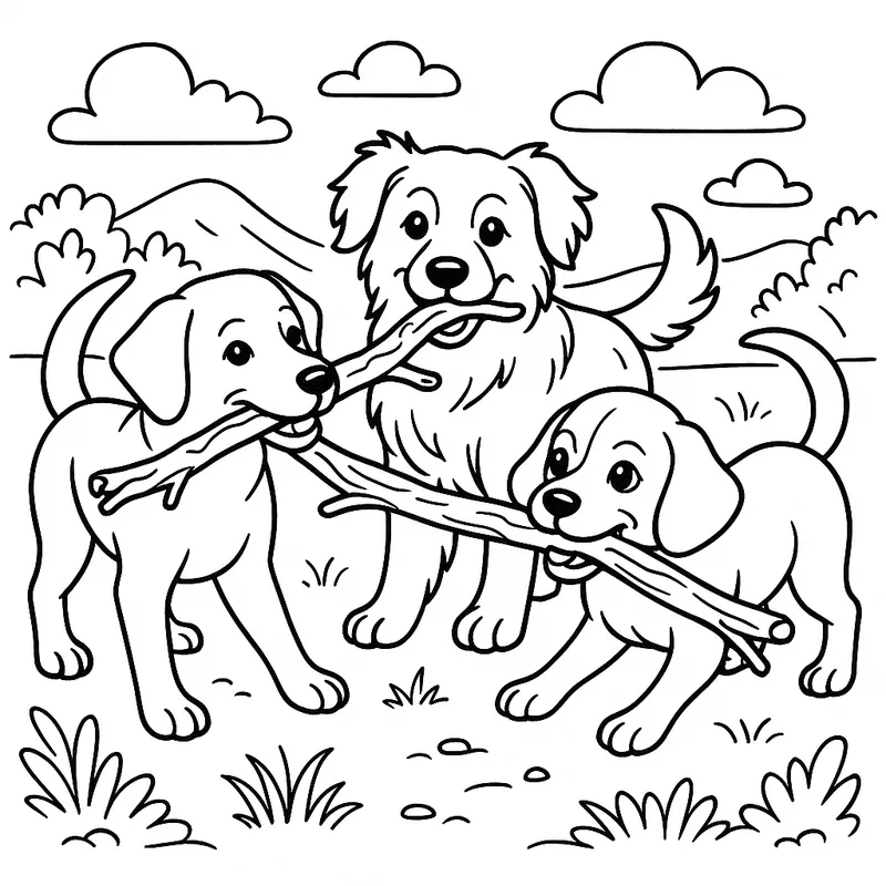 Playful Pups Stick Adventure Coloring Page coloring page