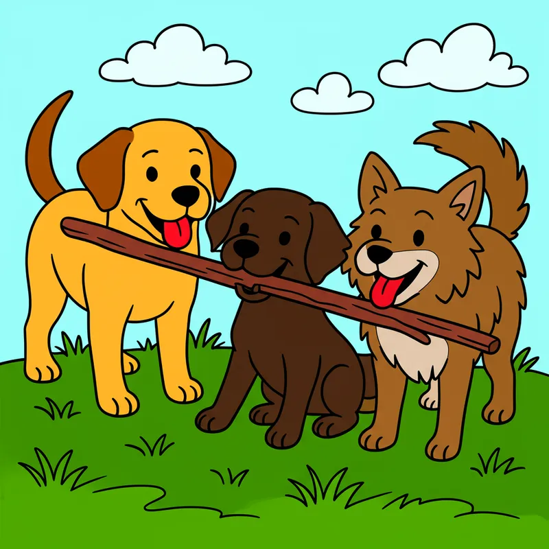 Playful Pups Teamwork Coloring Page colored reference