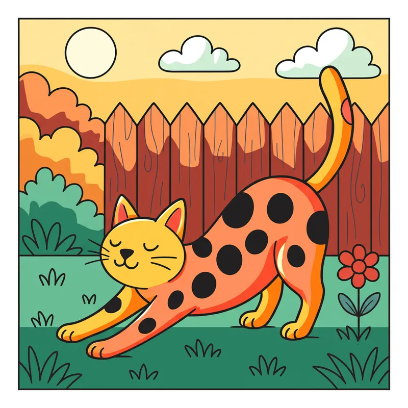 Playful Spotted Cat Stretching Coloring Page colored reference