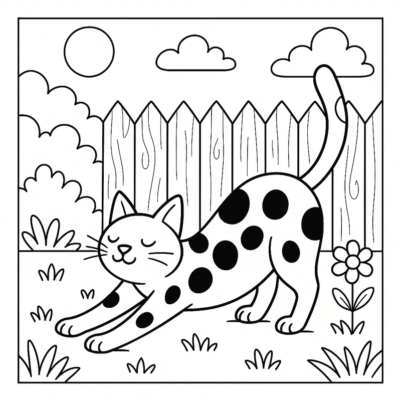 Playful Spotted Cat Stretching Coloring Page coloring page
