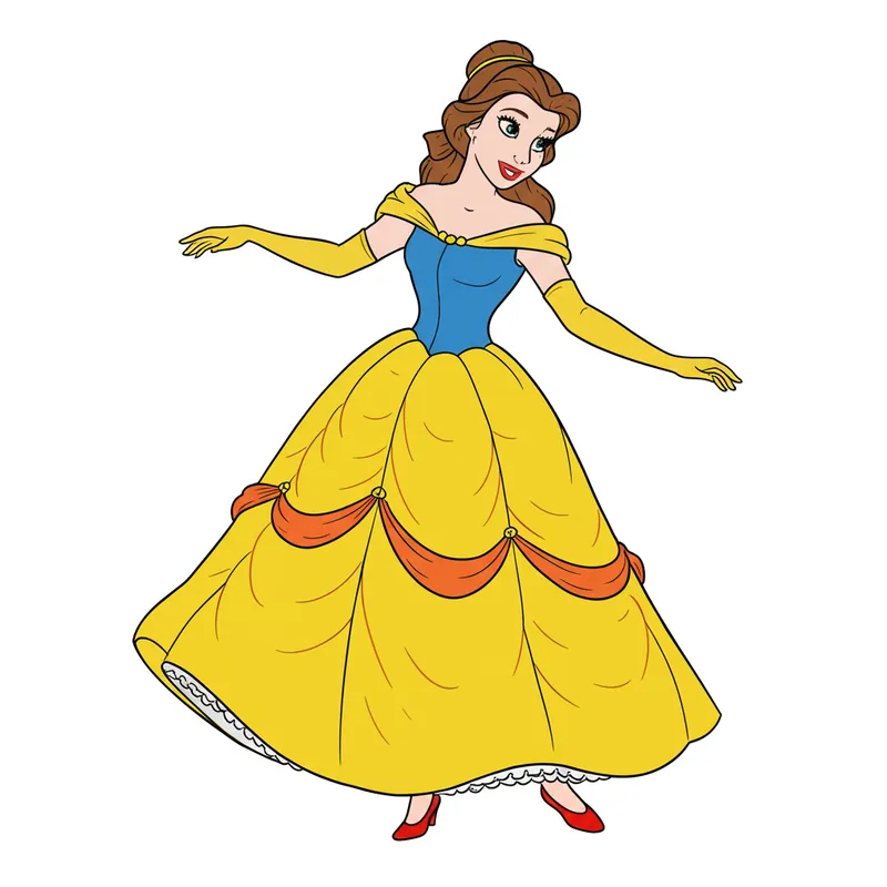 Elegant Princess Belle Ball Gown Coloring Page colored reference