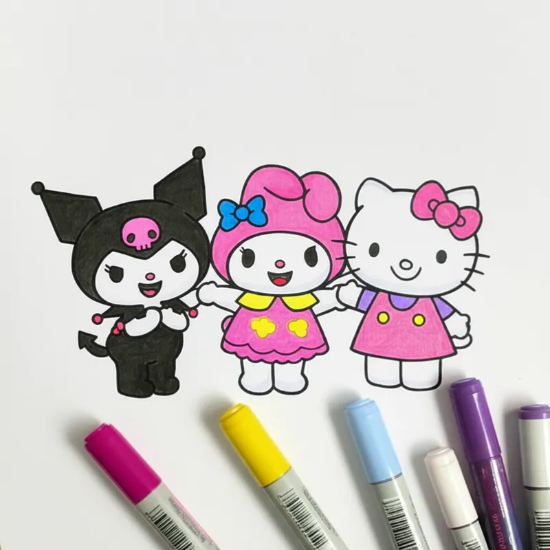 Sanrio Friends Unite - Hello Kitty, My Melody & Kuromi Coloring Page colored reference