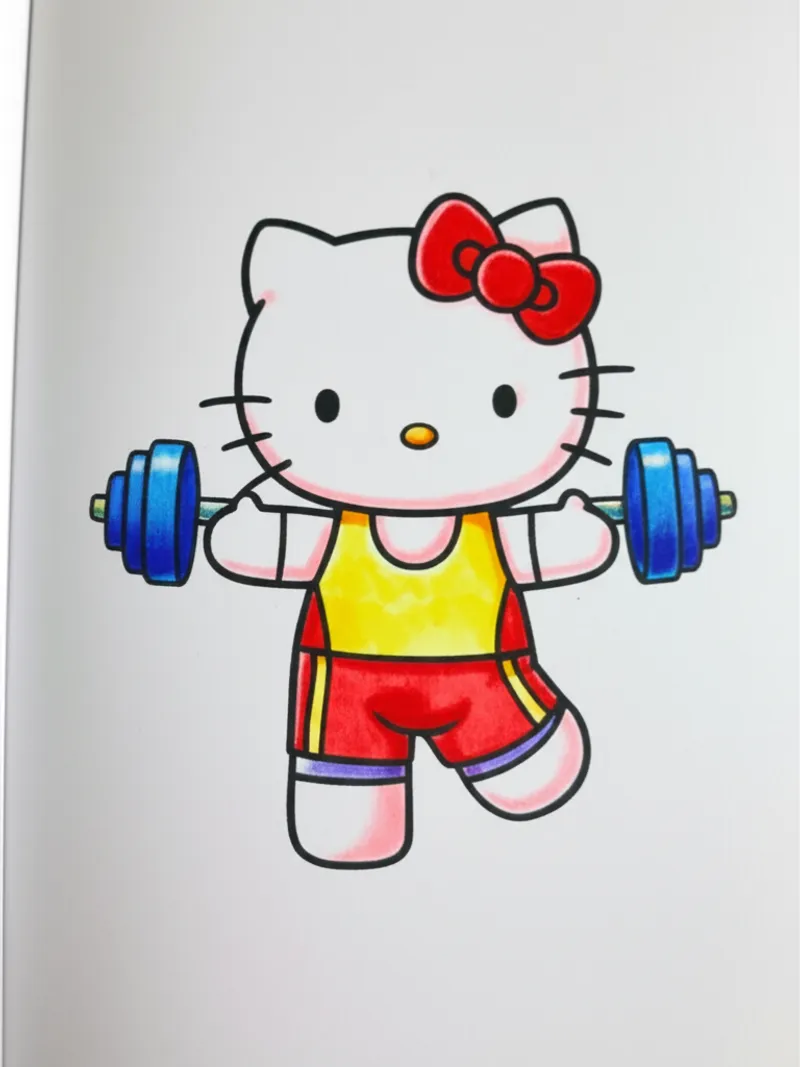 Strong Hello Kitty Weightlifting Coloring Page colored reference