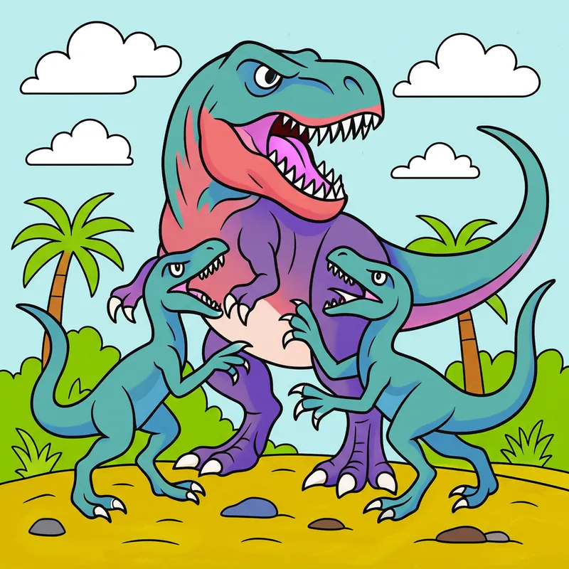 T-Rex and Raptors Coloring Page colored reference