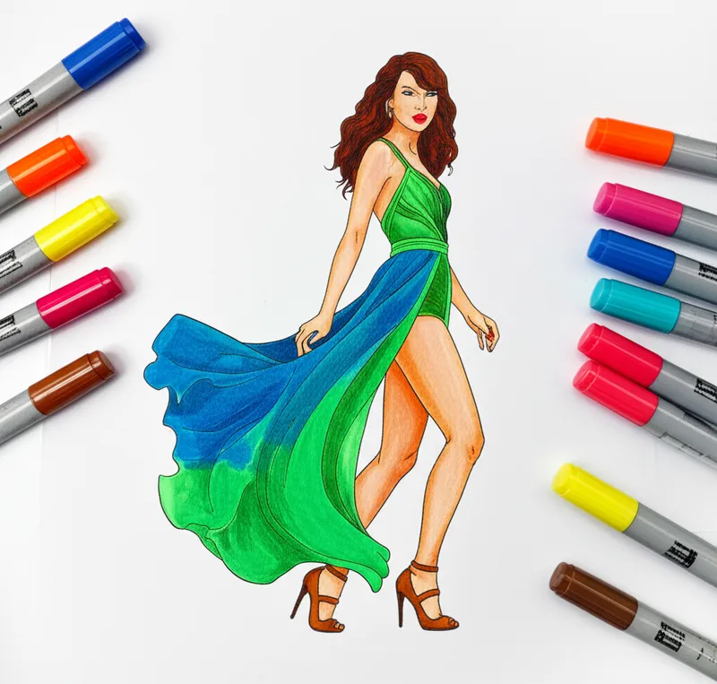 Taylor Swift Inspired Glamour Coloring Page colored reference
