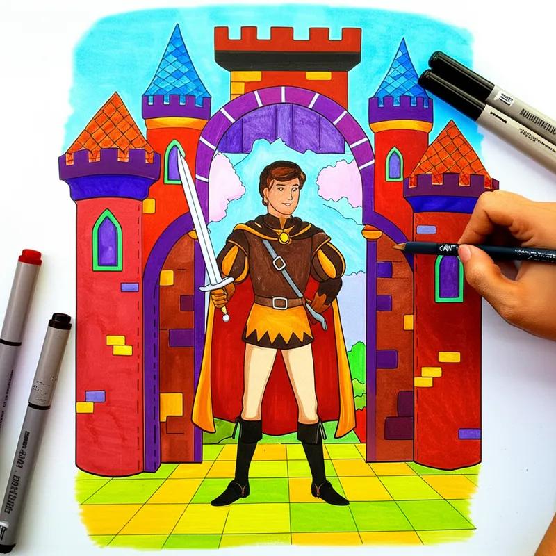 Valiant Prince at Castle Gates Coloring Page colored reference