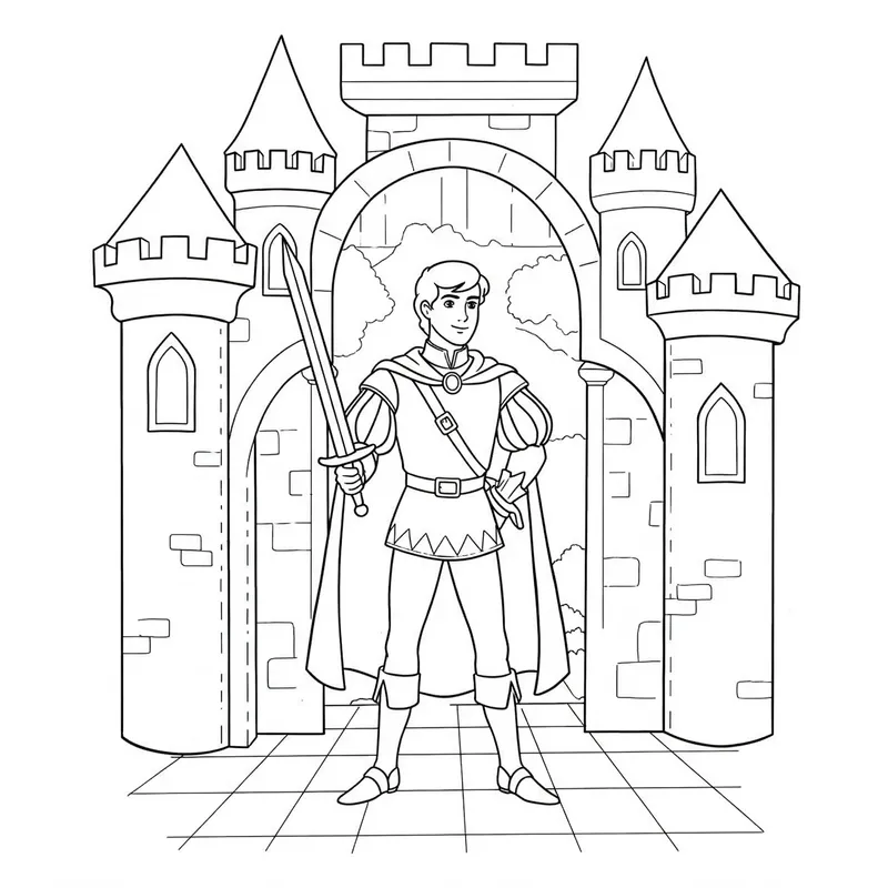 Valiant Prince at Castle Gates Coloring Page coloring page