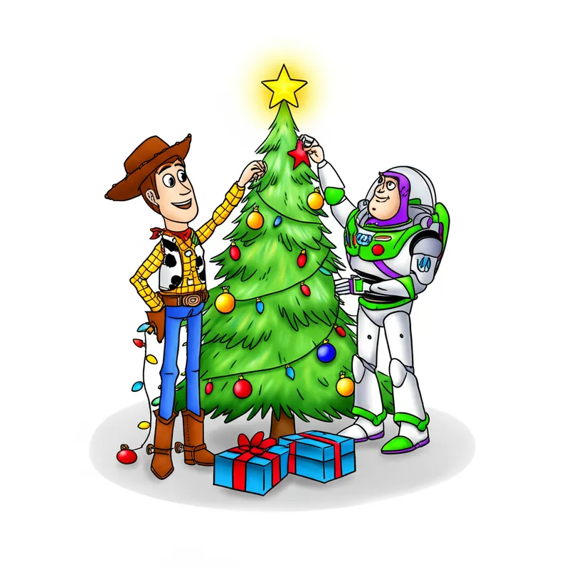Woody & Buzz Christmas Tree Decorating Coloring Page colored reference