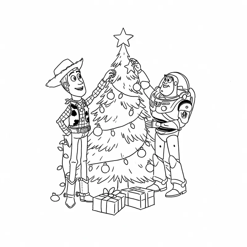 Woody & Buzz Christmas Tree Decorating Coloring Page coloring page