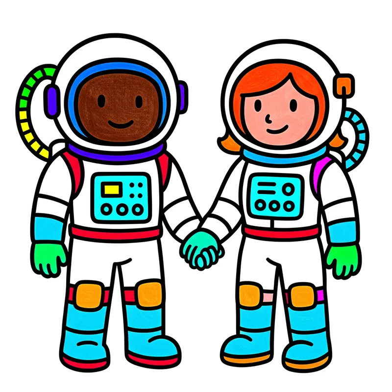 Astronaut Friends Space Adventure Coloring Page colored reference