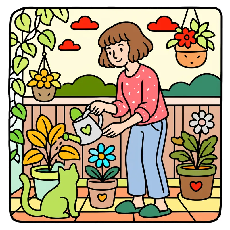 Balcony Garden Bliss with Cat Coloring Page colored reference