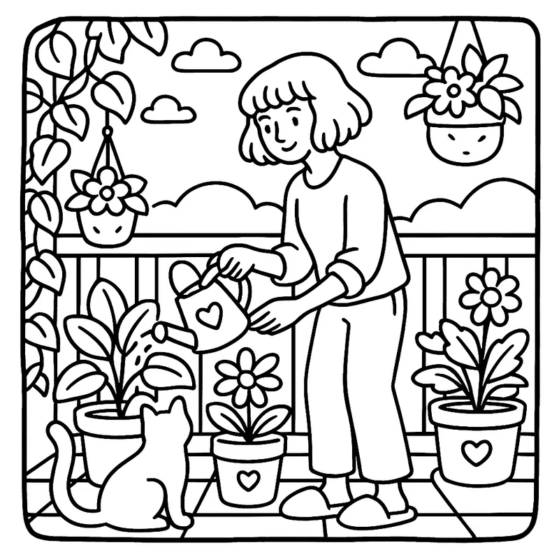 Balcony Garden Bliss with Cat Coloring Page coloring page