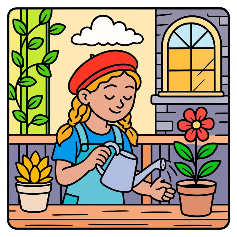 Balcony Gardener Girl Waters Flower Coloring Page colored reference