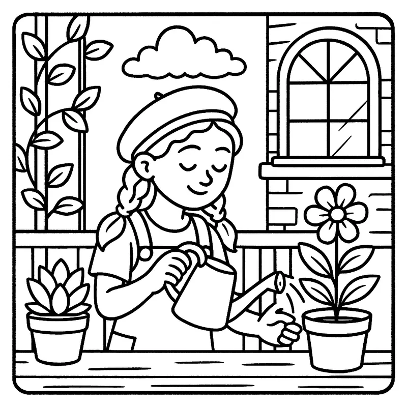 Balcony Gardener Girl Waters Flower Coloring Page coloring page