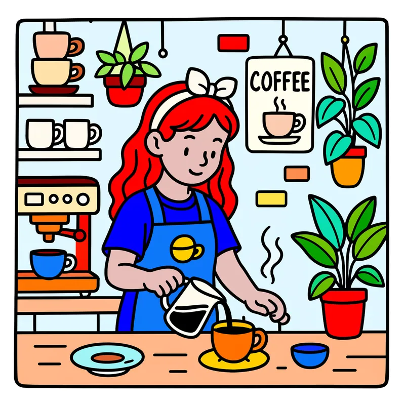 Charming Barista Pouring Coffee Coloring Page colored reference