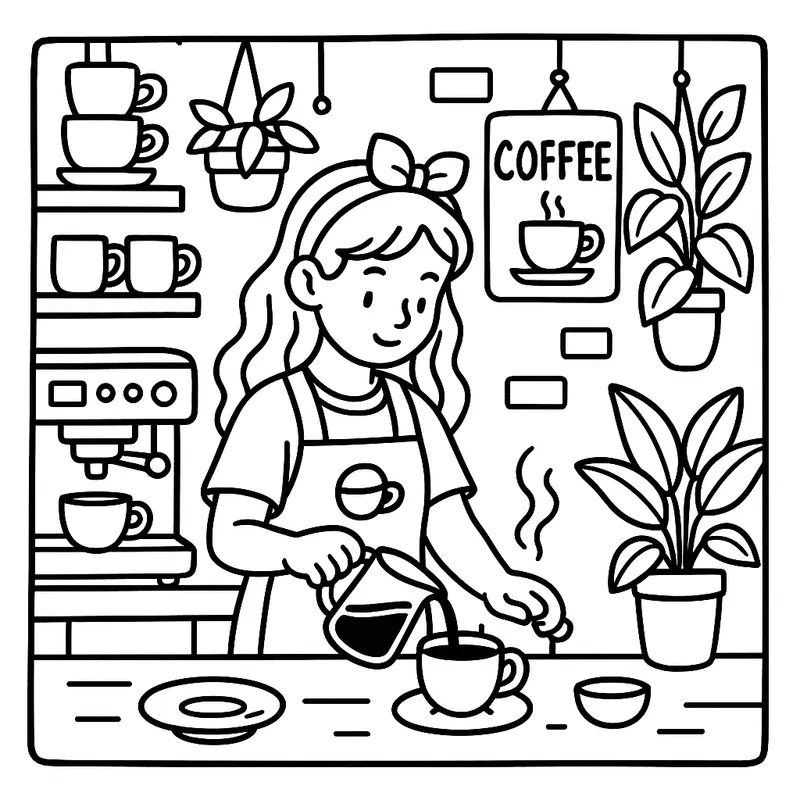 Charming Barista Pouring Coffee Coloring Page coloring page
