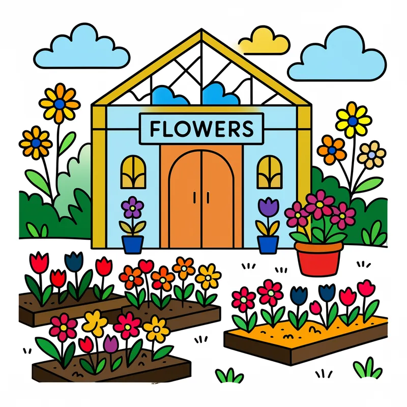 Charming Flower Greenhouse Coloring Page colored reference