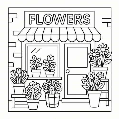 Charming Flower Shop Scene Coloring Page coloring page
