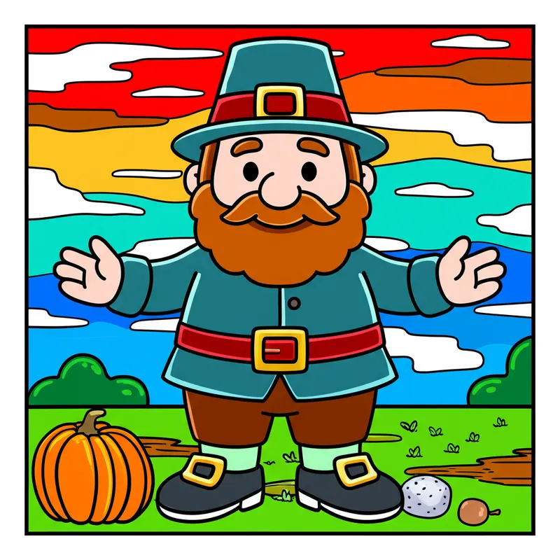 Cheerful Pilgrim Greeting Coloring Page colored reference