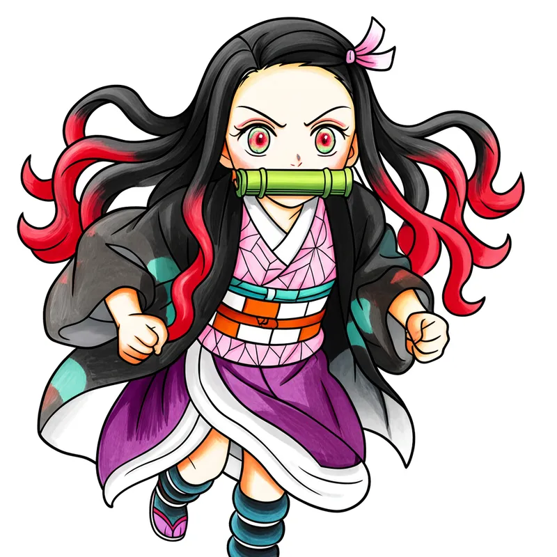 Chibi Nezuko Dashing Forward Coloring Page colored reference