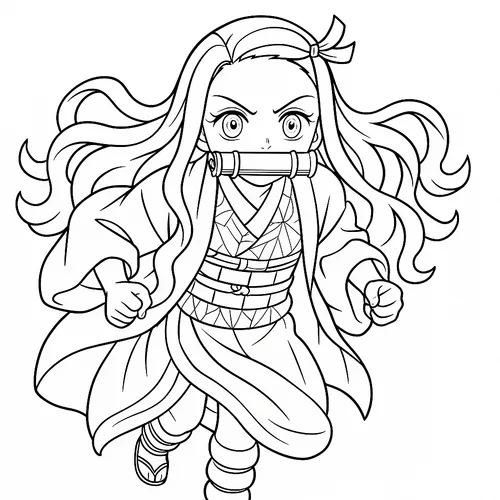 Chibi Nezuko Dashing Forward Coloring Page coloring page