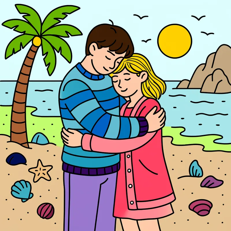 Loving Beach Embrace Scene Coloring Page colored reference