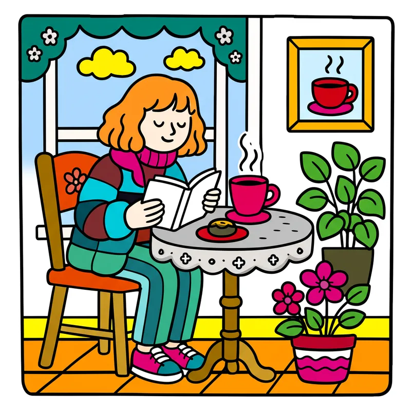 Cozy Cafe Reading Nook Coloring Page colored reference
