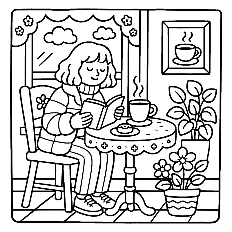 Cozy Cafe Reading Nook Coloring Page coloring page