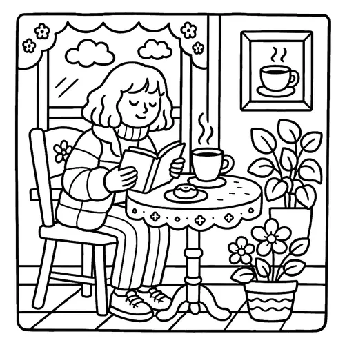 Cozy Cafe Reading Nook Coloring Page coloring page