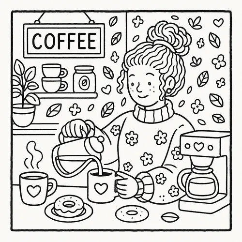 Cozy Coffee Pour Moment Coloring Page coloring page