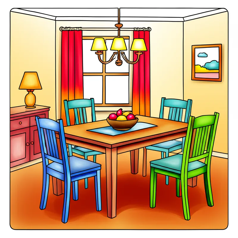 Cozy Dining Room Scene Coloring Page colored reference