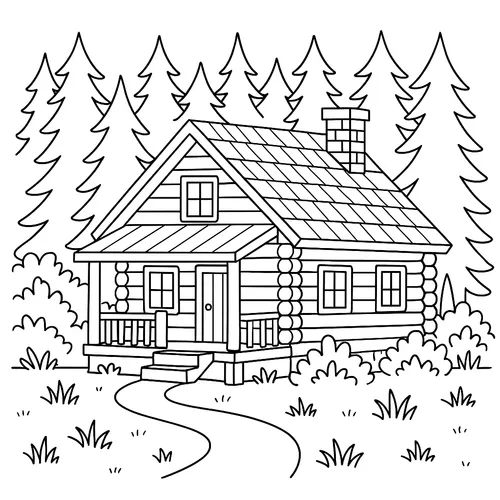 Cozy Forest Log Cabin Coloring Page coloring page