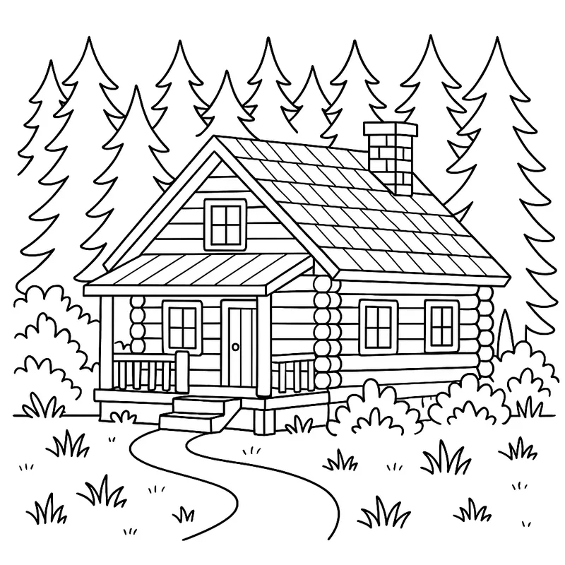 Cozy Forest Log Cabin Coloring Page coloring page